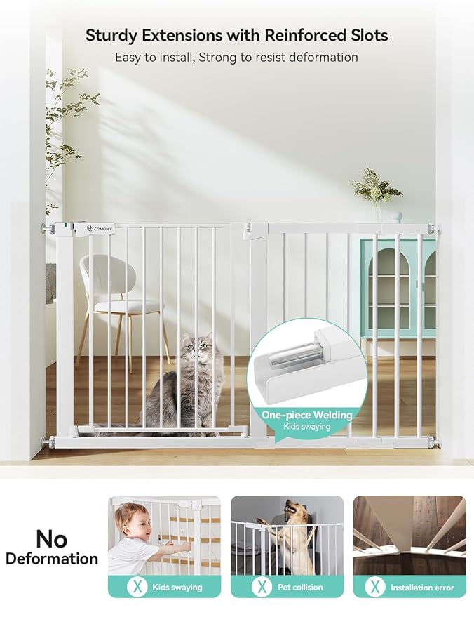 COMOMY 30" Tall Baby Gate for Stairs Doorways, Fits Openings 29.5" to 51.6" Wide, Auto Close Extra Wide Dog Gate for House, Pressure Mounted Easy Walk Through Pet Gate with Door, White | Auto Close Extra Wide Dog Gate for House, Pressure Mounted Easy W...