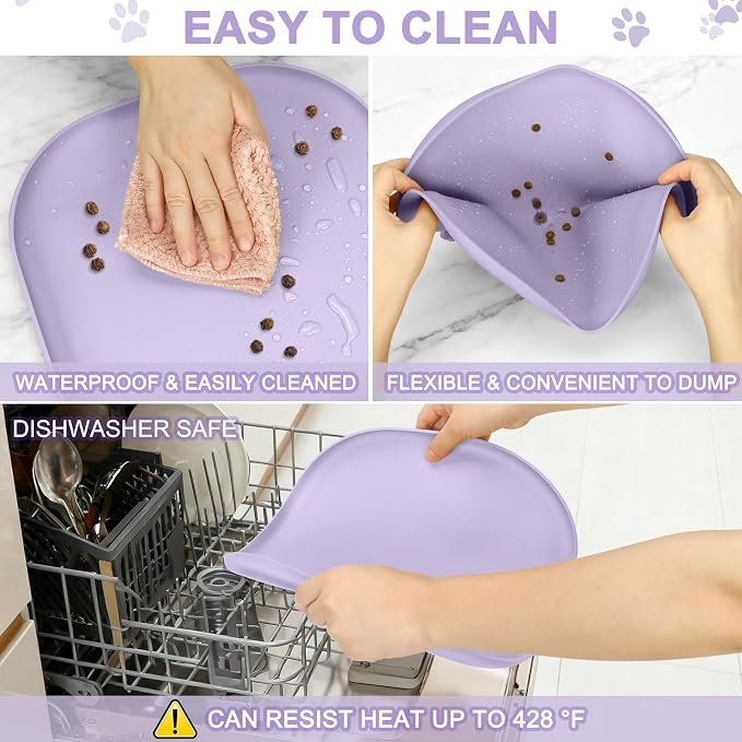 SMILOOL Small Silicone Pet Food Mat with Raised Edge for Food and Water Bowl, Square Dog Feeding Mats, Cat Food Trays for Floor Waterproof, Rubber Tray for Dogs and Cats, 12 x 12 x 0.7 Light Purple
