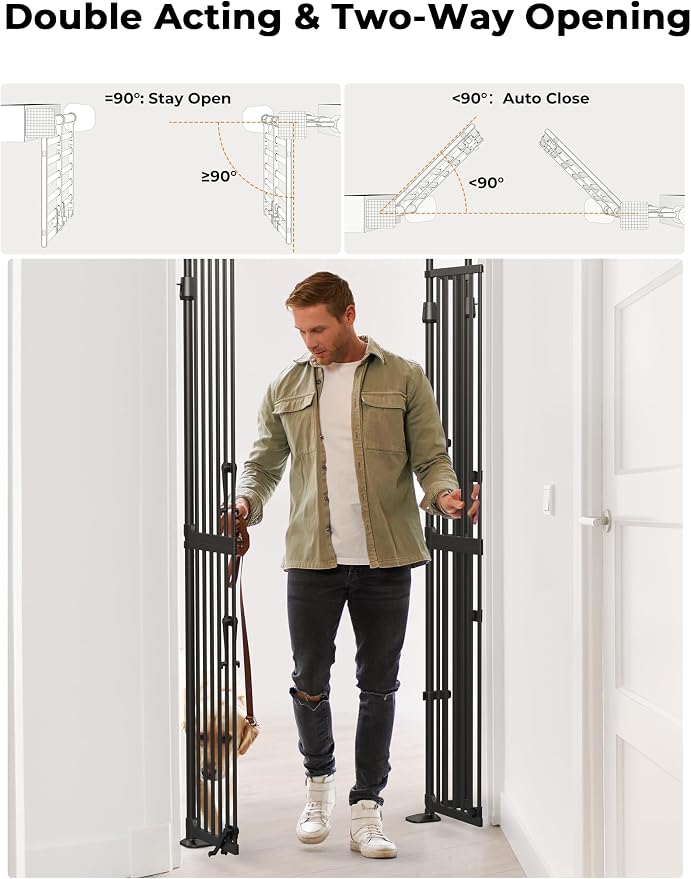 Extra Tall Cat Gate, 74.8”–90.5” High x 30.3”–38.2” Wide, No-Drill Pressure Mounted Safety Barrier for Doorways, Stairs, Hallways, Multi-Pet Separation，Black