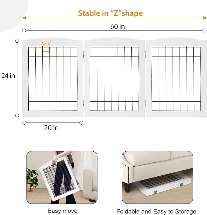 LZRS 3-Panel Freestanding Foldable Wooden Dog Gate –Solid Wood & Steel Wire Chew-Resistant Indoor Safety Pet Fence for Doorways & Stairs, Ideal for Small to Medium Dogs & Puppies, White