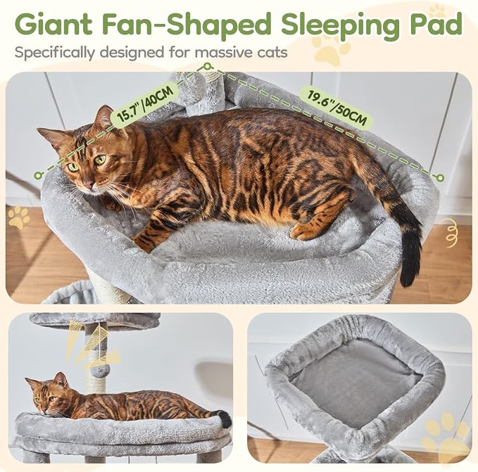 Taoqimiao Cat Tree for Large Cats, 72In Tall Cat Tower, Giant Platform | Widened Cat Condo with Large Scratch Board, 5 Scratching Posts, Metal Frame Hammcock, Cozy Basket, Light Gray, MS045W