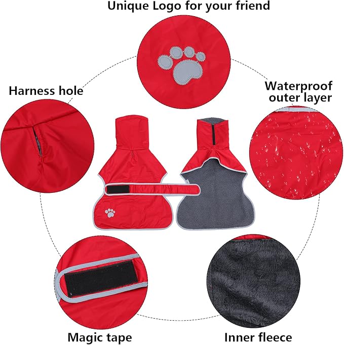 Geyecete Dog Winter Coat Greyhound Raincoat Fabric with Lamb Velvet Inside Outdoor Dog Apparel with Adjustable Bands for Medium, Large Dog-Red-M