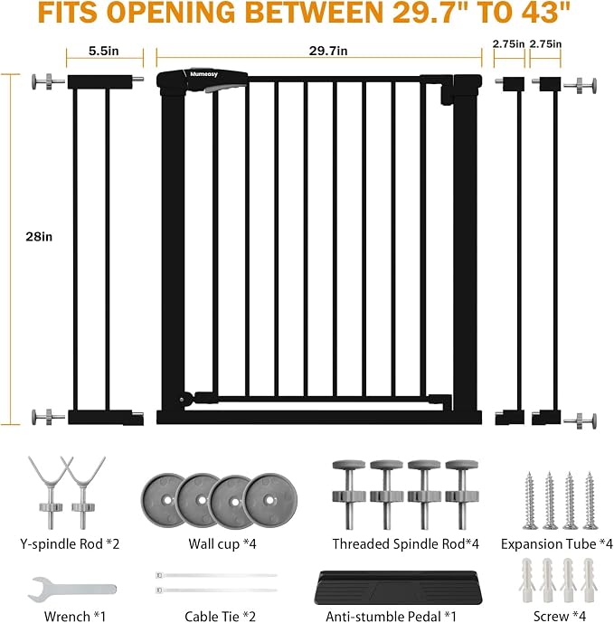Mumeasy 29.7-43" Baby Gate, Adjustable Safety Gate for Stairs & Doorways | No drill installation, auto close door, one hand operation, adjustable width, for dogs pets babies toddlers