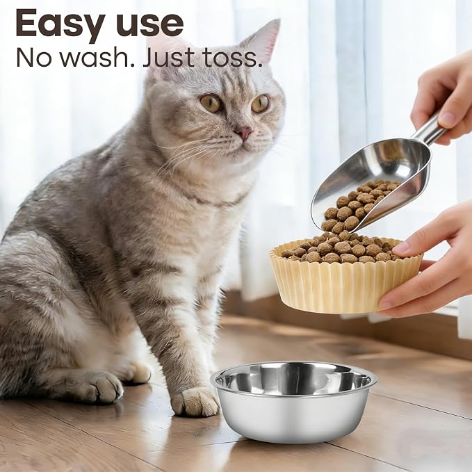 Bulk Disposable Cat Bowls Set (300 Pcs Cat Food Bowl Liners + 2 Pcs Stainless Steel Pet Bowls) Small Paper Bowls for Puppies, Kittens, Small Dogs and Cats, Ideal for Dry and Wet Food (Khaki, Classic)