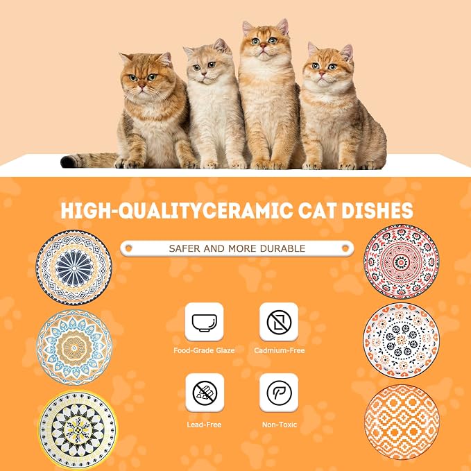 Cat Food Bowl, 6 Pack Ceramic Cat Dishes for Food & Water, Kitten Bowls Set | 5.5" Shallow Feeding Bowls for Wet Meals, Kibble & Water, Whisker Friendly Wide Plates for Cats, Dishwasher & Microwave Safe