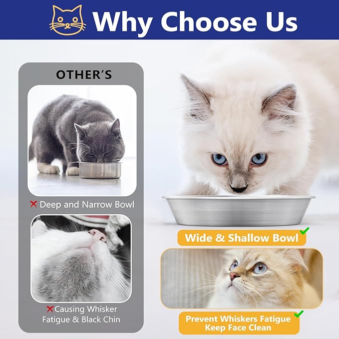 6-Pack 304 Stainless Steel Cat Food Bowls, Non-Slip Basic Dishes | Shallow Whisker-Friendly Silicone Water Metal Bowls, Easy to Clean Indoor Flat Plates for Cat, Kitten, Small Dog (5.9")