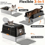 24″Lx16″Wx15″H Non-Stick Stainless Steel Litter Box with Lid, No-Mess Odor Control Anti-Leak Cat Litter Box, 3-in-1 Fully Enclosed High-Sided Litterbox with Flip Top (Black)