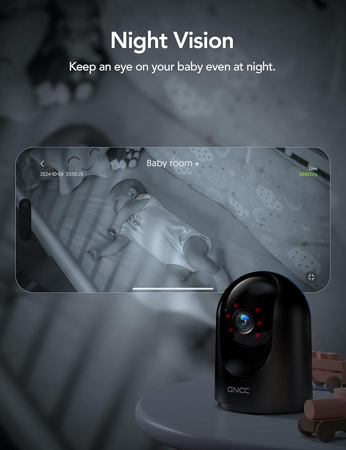 GNCC 2K Indoor Security Camera with Motion Detection, 2.4G WiFi, 1Pack | Motion Detection, Baby/Pet Camera with Phone App, Night Vision, 2-Way Audio, TF/Cloud Storage, Works with Alexa & Google Home