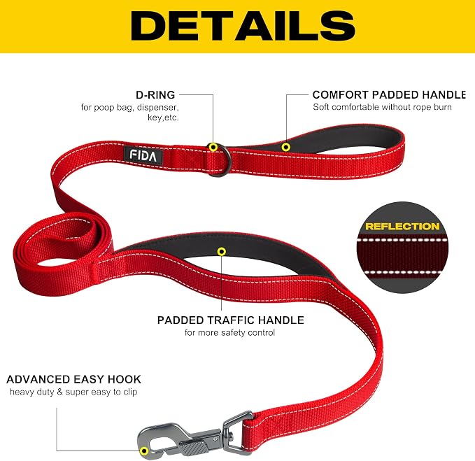 Fida 6 FT Heavy Duty Dog Leash with 2 Comfortable Padded Handles, Traffic Handle & Advanced Easy Snap Hook, Reflective Walking Lead for Large, Medium & Small Breed, Red