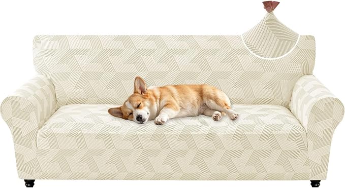 ZNSAYOTX Stretch Couch Covers for 3 Cushion Couch, 1-Piece Sofa Cover Slipcover Pet Friendly, Furniture Protector with Elastic Bottom for Dogs Geometrical Jacquard Fabric (Large, Beige)