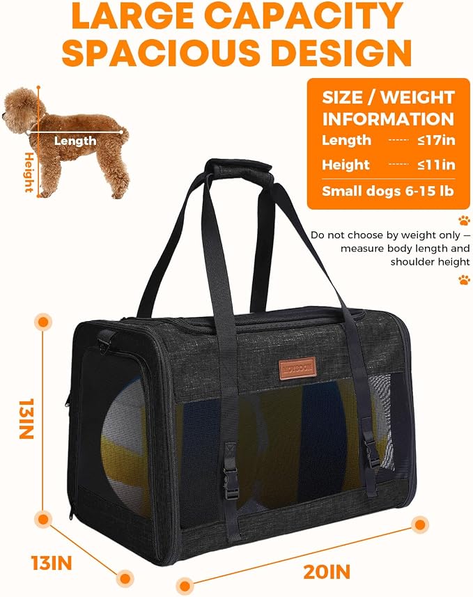 Foldable Cat Dog Carrier for Pets up to 15 Lb, Black | Top & Side Entry, Soft-Sided Pet Carrier with Ventilated Anti-Scratch Mesh & Car Seat Buckle for Car Travel, 20×13×13 in