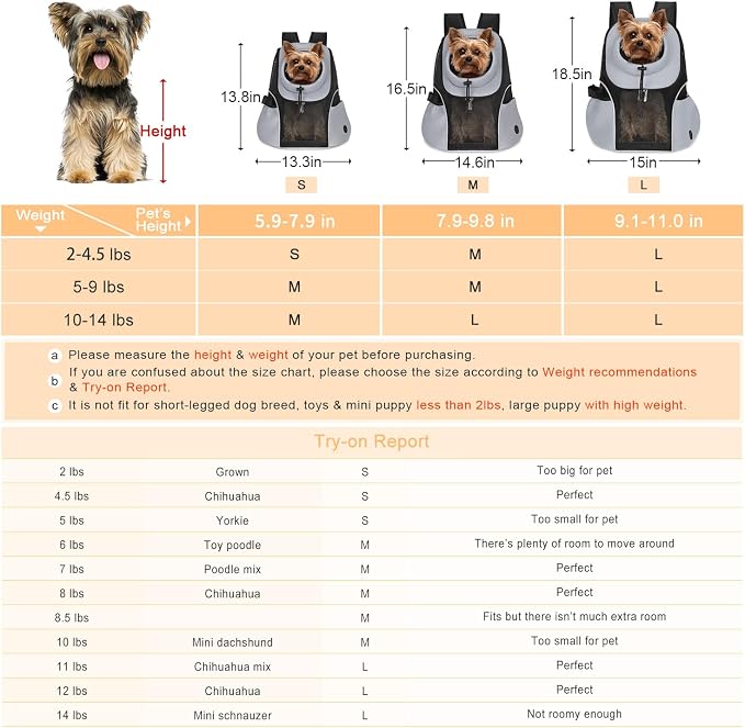 WOYYHO Pet Dog Carrier Backpack, Ventilated Mesh Small Dog Front Backpack | Breathable Puppy Back Pack, with Safety Belt, Storage Pockets, for Travel Hiking Cycling Outdoor Adventures, Grey, S