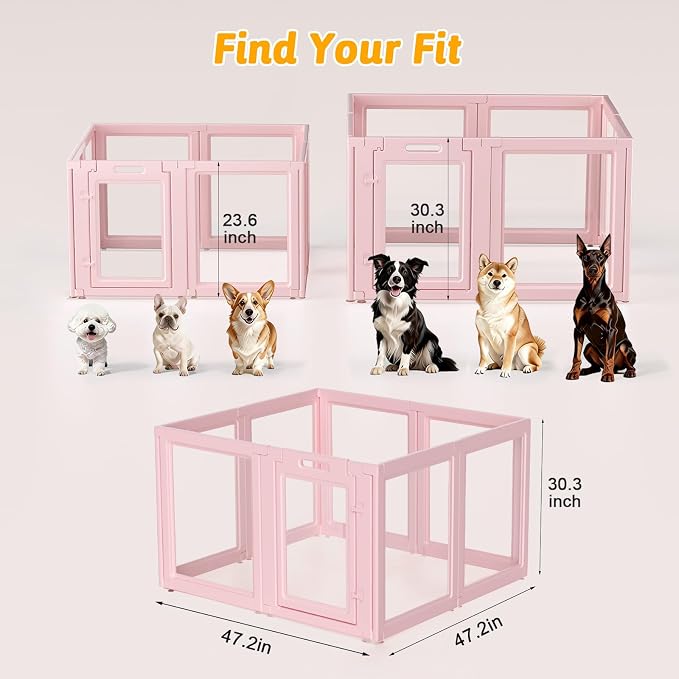 Acrylic Dog Playpen Indoor, Puppy Playpen, Dog Pen Indoor, 8PCS | 30.3" H, Skin Pink, Purple & Sky Blue, Clear View, No-Gap Escape-Proof, Tool-Free Setup, For Puppies & Small Dogs