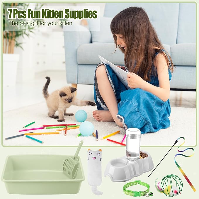 7 Pcs Small Cat Kitten Starter Kit Cat Litter Box with Shovel Paw Litter Mat Double Automatic Kitten Bowls Toy Teaser Stick Collar Essentials Kits for 1-3 Lbs Beginner(Simple,Green)