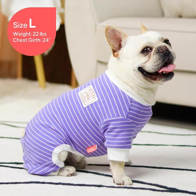 KYEESE Dog Pajamas Soft 4 Legs Doggie Jammies Striped Dog PJS Pet Jumpsuit Lightweight Puppy PJS Clothes Breathable Pajamas Stretchable Outfit Cozy Onesie Sleepwear for Summer,Purple Striped, Small