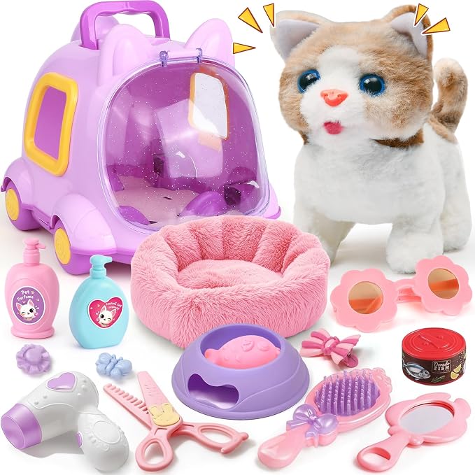 TUZT 17 PCS Cat Toys for Kids Girls, Realistic Walking Meowing Robot Cat Plush with Accessories, Pretend Play Pet Care Playset Toddler Girl Toy for 3 4 5 6 7 8, Birthday Gift for little Girl 3-8 Years