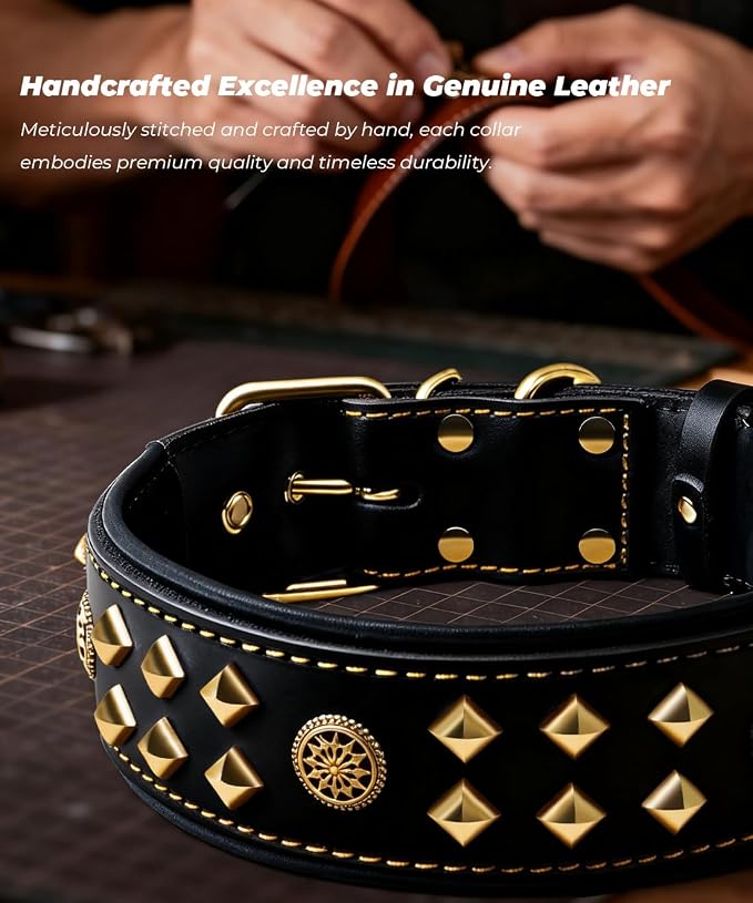 Genuine Leather Dog Collar 2.2 in Wide for Large Dogs Heavy Duty, BK-GD-M | Handcrafted,Stainless Steel Buckle and Alloy Studded,Soft Padded,Fashionable Daily Wear for Large Giant Breed,19.5-23.5 in