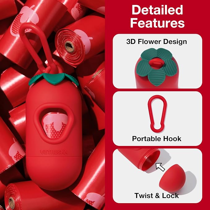 VETRESKA Dog Poop Bags with Handle 450 Count, Strawberry Scented Waste Bag | Leak-Proof Thick Dog Bags for Poop, Easy-Tie Large Poop Bags, 30 Refill Rolls with 1 Dispenser for Dog Walking Cat Litter