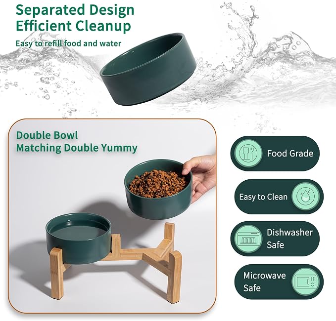 Elevated Ceramic Dog Bowl, 3.6 Cups Dog Food and Water Bowl Set with Stand | 6.1'' Double Dog Feeding Dishes, Non-Slip Raised Dog Feeder for Small and Medium Breeds, 28.74 OZ / 850 ML, White