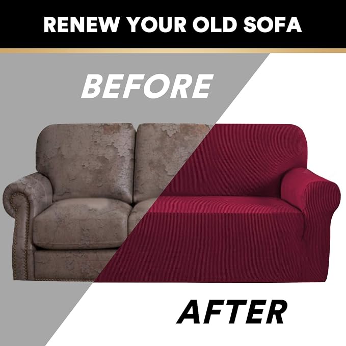 Stretch Sofa Cover Slipcover Couch Covers for 3 Cushion Couch Furniture Protector Sofa Covers with Non Slip Elastic Bottom Dogs Pet Friendly Fitted(Sofa, Burgundy)