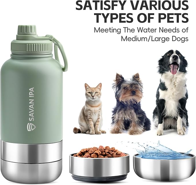 3 in 1 Insulated Stainless Steel Dog & Human Water Bottle | Leakproof Travel Dispenser with 2 Detachable 8.5 oz Bowl, 24H Cold/12H Hot, Carrying Case for Walking, Hiking,Camping & Outdoor Travel
