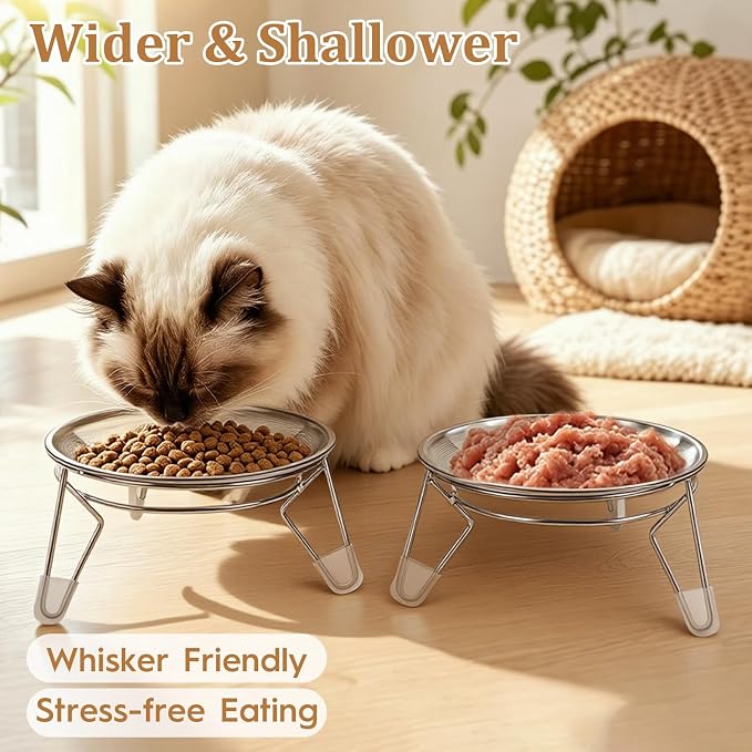 Cat Food Bowls,6.7" Extra Wide Raised Stainless Steel Cats Food Whisker Fatigue Shallow Dishes with Anti-Slip Metal Stand, for Indoor Fat Faced Cat Kitten and Small Dog Puppies-2pack
