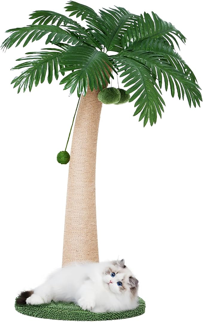43.3inch Palm Tree Shape Style Sisal Cat Tree Scratching Post Cats, Wear Resistant Cat Claw Scratcher with Plush Stable Base & Hanging Toy Ball, Green