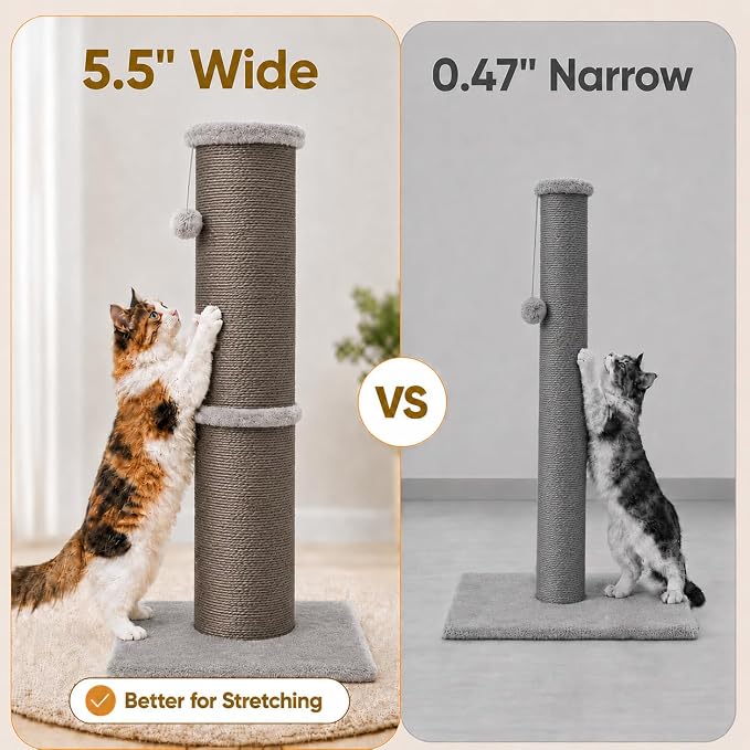 PAWSCRAT 32-Inch Tall Cat Scratching Post, 5.5-Inch Diameter, Sisal, Gery | Natural Sisal Scratching Surface with a Dangling Ball for Indoor Cats, Scratch-Resistant Durable and Protect Your Furniture