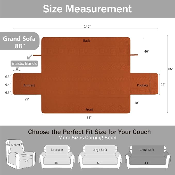 Boho Quilted Grand Sofa Covers Washable, Couch Cover for Grand Sofa, Soft Cozy Couch Protector for 4 Cushion Couch, Oversized Grand Sofa Slipcovers (Grand Sofa 88", Burnt Orange)