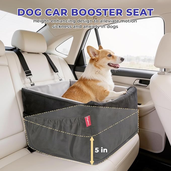 BurgeonNest Small Dog Car Booster Seat Bed Under 25 lbs (Black Grey) | Fully detachable & washable travel bed with side storage pockets and clip-on safety leash for cozy, portable car trips.