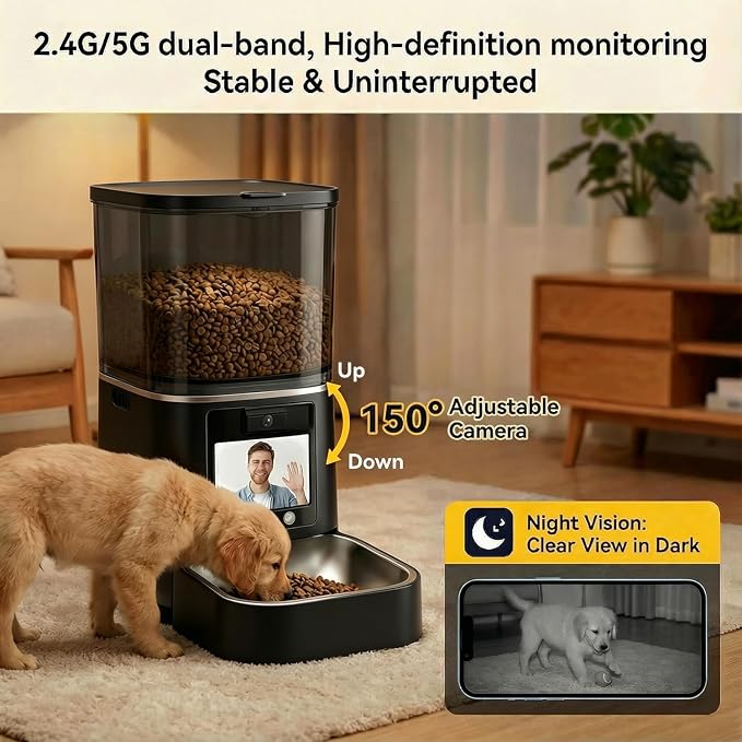 Automatic Cat Feeder with Camera, 2-Way Video& Audio, HD Video with Night Vision, 5G WiFi Pet Feeder, 5L Large Food Storage Container for Multiple Pet, Detachable for Easy Clean (Black)
