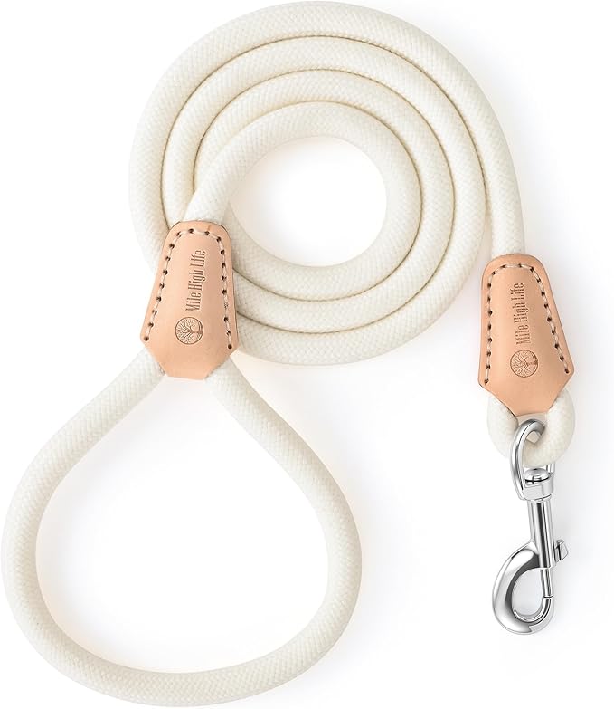 Mile High Life White Dog Leash with Genuine Leather Connection, 4/5/6 FT | Rope Leash, Heavy Duty 360° Swivel Metal Clasp, for Small Medium & Large Dogs (Cream White, 48 Inch)