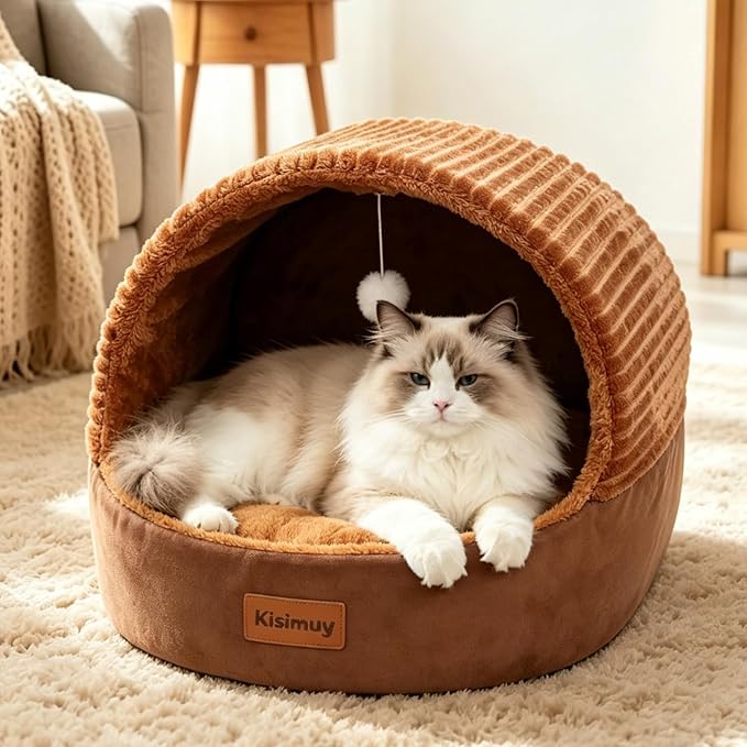 Cat Bed Cave with Pillow & Cat Toys, Cat Bed for Indoor Cats & Dog | 17.7in, Up to 15 lbs, Dual-Sided Cushion, Reversible Comfort for All Seasons, Semi-Enclosed Design, Machine Washable, Brown