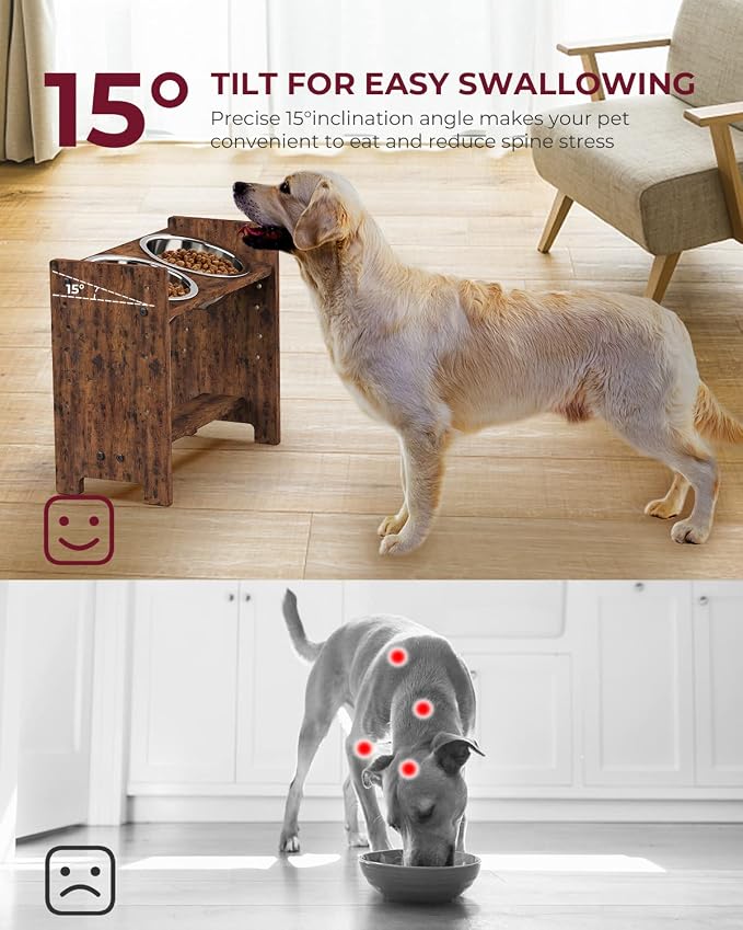 Vantic Elevated Dog Bowls, Adjustable Bowl Stand Medium, Rustic Brown | Particle Board Raised Dog Bowl Stand with 2 Stainless Steel Bowls for Medium Dogs