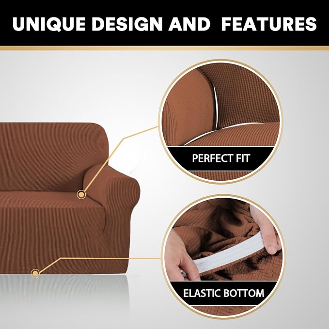 Stretch Sofa Cover Slipcover 1-Piece, Spandex Jacquard Fabric Universal Couch Cover for 3 Cushion, Washable Non Slip Sofa Cover, Pet Friendly (Large Sofa 90"-100",Caramel)