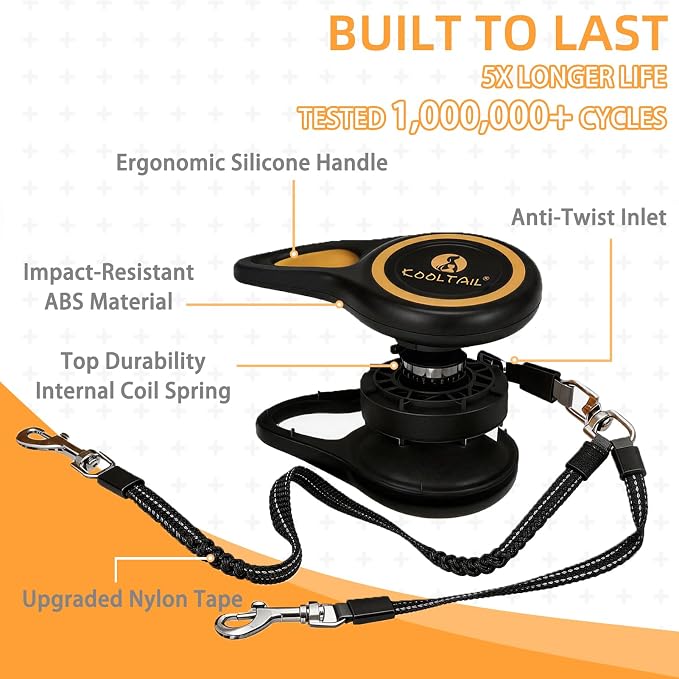 KOOLTAIL Dual Retractable Dog Leash for Two Dogs Up to 110 Lbs, Heavy Duty Double Headed 16 ft Extendable 360° Tangle-Free One Button & Lock Leash Shock Absorbing Bungee for Small Medium Large Dogs