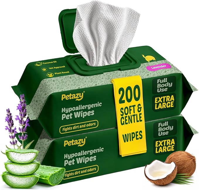 Pet Wipes for Dogs and Cats – 200 Count (8x8in) Hypoallergenic, Deodorizing Dog Wipes for Paws, Ears and Butt | XL with Aloe & Coconut Oil, Lavender Scented | Travel Size, 2 On-the-Go Packs
