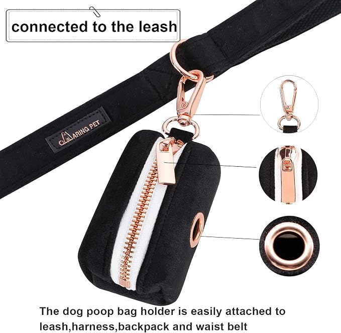 ARING PET Dog Waste Bag Dispenser, Soft Black Doggy Poop Bags Holders Attach to Any Leashes, Velvet Portable Washable Pet Waste Pouch Dispenser with Metal Zipper