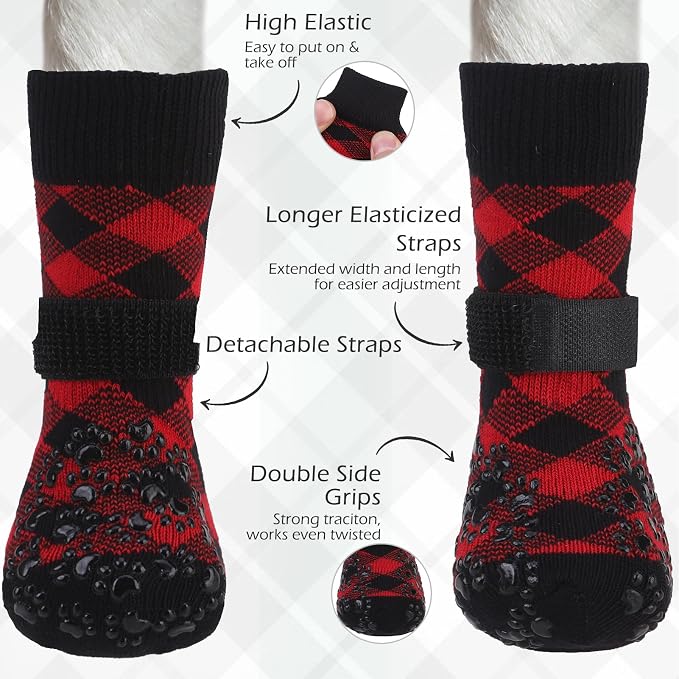 EXPAWLORER Dog Socks to Prevent Licking Paws, Dog Shoes for Hot Pavement, Anti Slip Dog Booties for Hardwood Floors, Dog Boots & Paw Protectors for Small Medium Large Senior Dogs, Red Black S