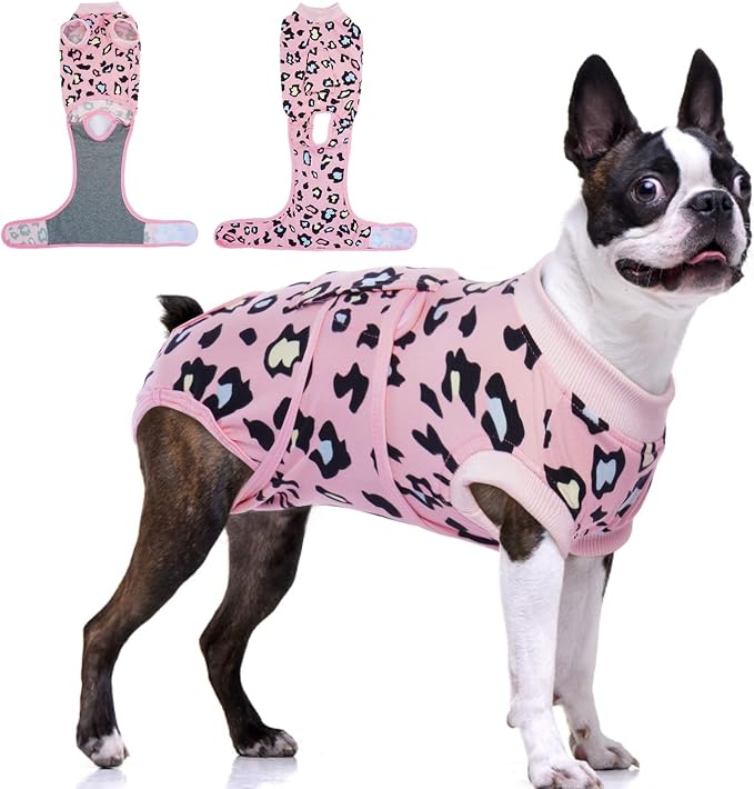 FUAMEY Dog Recovery Suit, Soft Surgical Suit for Dogs Onesie for Surgery | Cone Alternative after Surgery, Abdominal Wound Protector, Anti Lick Suit, Dog Onesie for Surgery Female Male Pink Leopard M