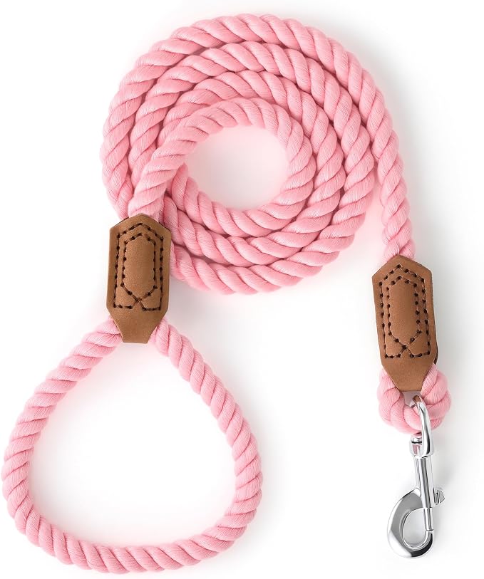 Mile High Life Dog Leash Braided Cotton Rope with Leather-Reinforced Ends | Rust-proof 360° swivel clasp, Heavy-duty for medium/large breeds. Great for weddings, daily walks (6 FT, 1/2", Pink)