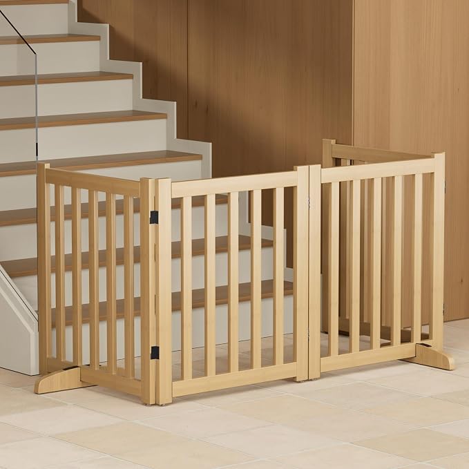 Wooden Freestanding Foldable Dog Gate, 24 Inch Height 4 Panel Pet Gate No Drill for Doorways Stairs, Fully Assembled Indoor Puppy Fence (Wood Color, 80" W x 24" H)