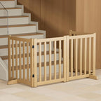 Wooden Freestanding Foldable Dog Gate, 24 Inch Height 4 Panel Pet Gate No Drill for Doorways Stairs, Fully Assembled Indoor Puppy Fence (Wood Color, 80" W x 24" H)