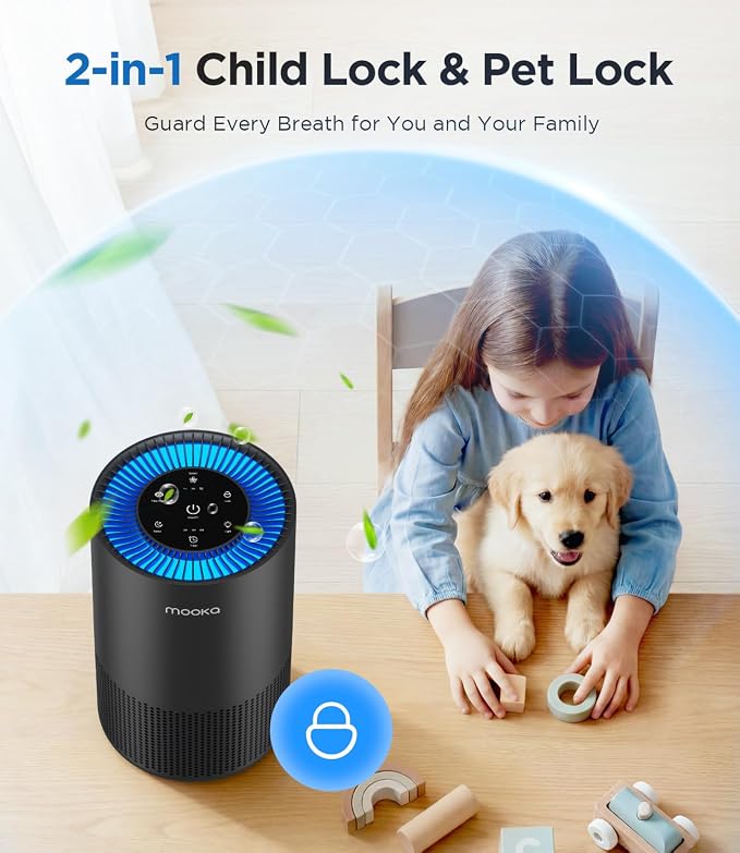 MOOKA H13 HEPA Air Purifier for Home Pet Large Room Up to 1300ft², Black | AP-S0610L, 360° Air Intake, 13dB Sleep Mode, Night Light, Child Lock, Fragrance, Timer, Bedroom Wildfire Smoke Dust Pollen