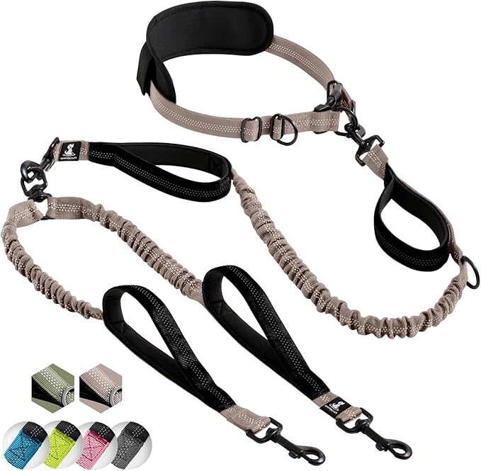 SparklyPets Hands Free Double Dog Leash – Dual Leash for Medium and Large Breeds – Lead for 2 Dogs with Padded Handles, Reflective Stitches, No Pull, Tangle Free (Brown)