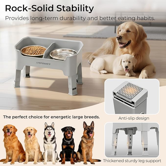 URPOWER Mess Proof Elevated Dog Bowls, Splash Guard Raised Bowl Stand | 4 Height Adjustable Raised Stand with 2 Stainless Steel Food Bowls & Licking Plate for Small, Medium & Large Dogs