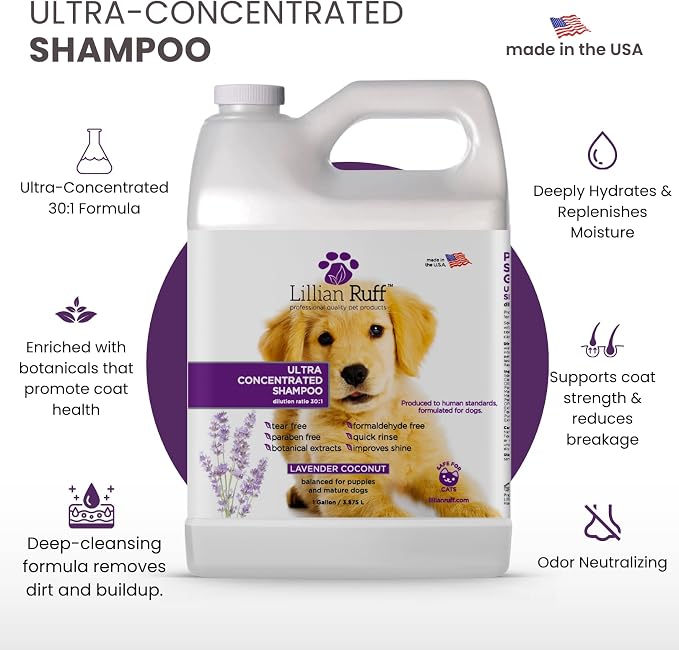 Lillian Ruff PRO Formula Ultra Concentrated Dog Shampoo – Makes 4 Gallons/30 Bottles, 30:1 Dilution, Professional Pet Shampoo for Sensitive Skin | Deodorizing & pH-Balanced Made in USA Gallon+Pump