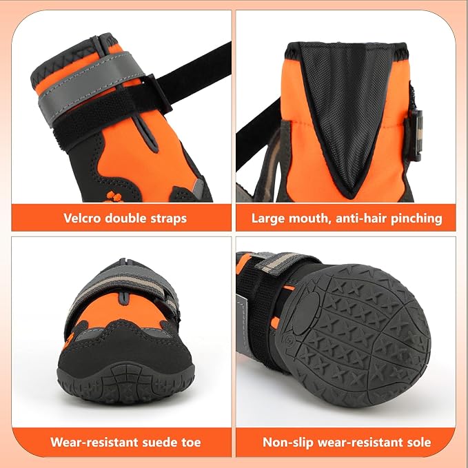 Dog Shoes for Large Dogs, 360°Anti Slip Medium Dog Boots & Paw Protectors Winter Snowy, Waterproof 4Pcs Dog Booties with Reflective Strips (Size 6: 2.56''x3.07''(W*L), Orange)