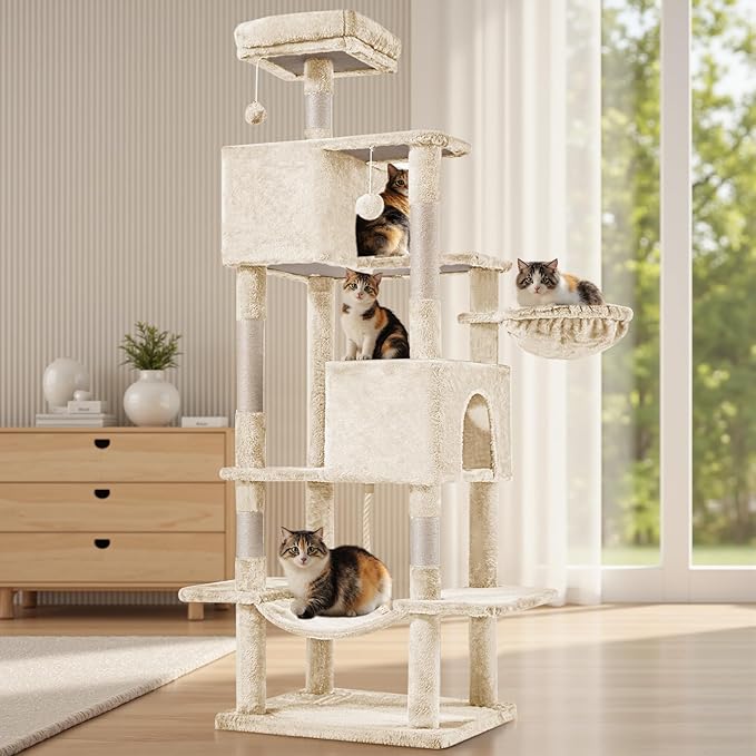 Sweetcrispy 66 Inch Cat Tree Tower, Multi Level with Hammock, Beige | Cat Climbing Tower with Natural Sisal Scratching Posts, Hammock, Pet Condo for Indoor Cats and Kittens Play