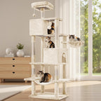Sweetcrispy 66 Inch Cat Tree Tower, Multi Level with Hammock, Beige | Cat Climbing Tower with Natural Sisal Scratching Posts, Hammock, Pet Condo for Indoor Cats and Kittens Play